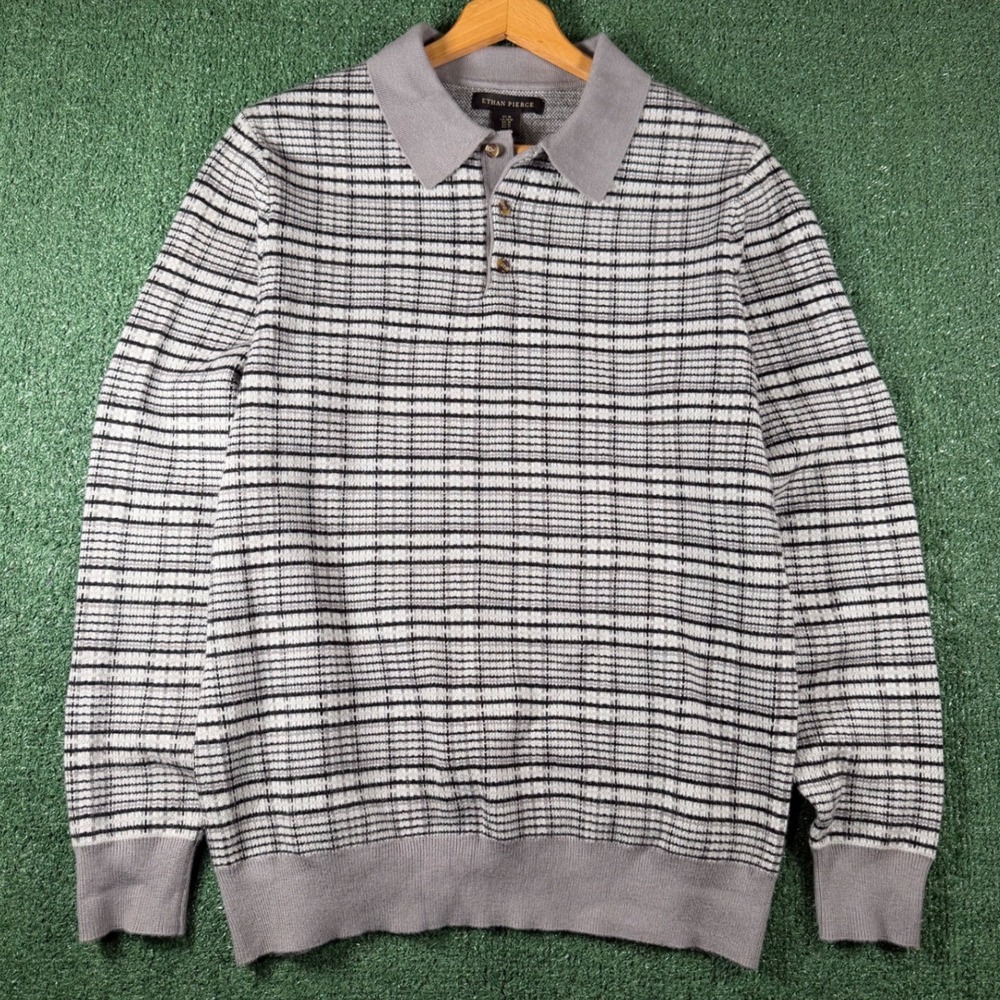 Ethan Pierce Polo Sweater Mens Medium Grey Good‎ Long Sleeve Grid Knit